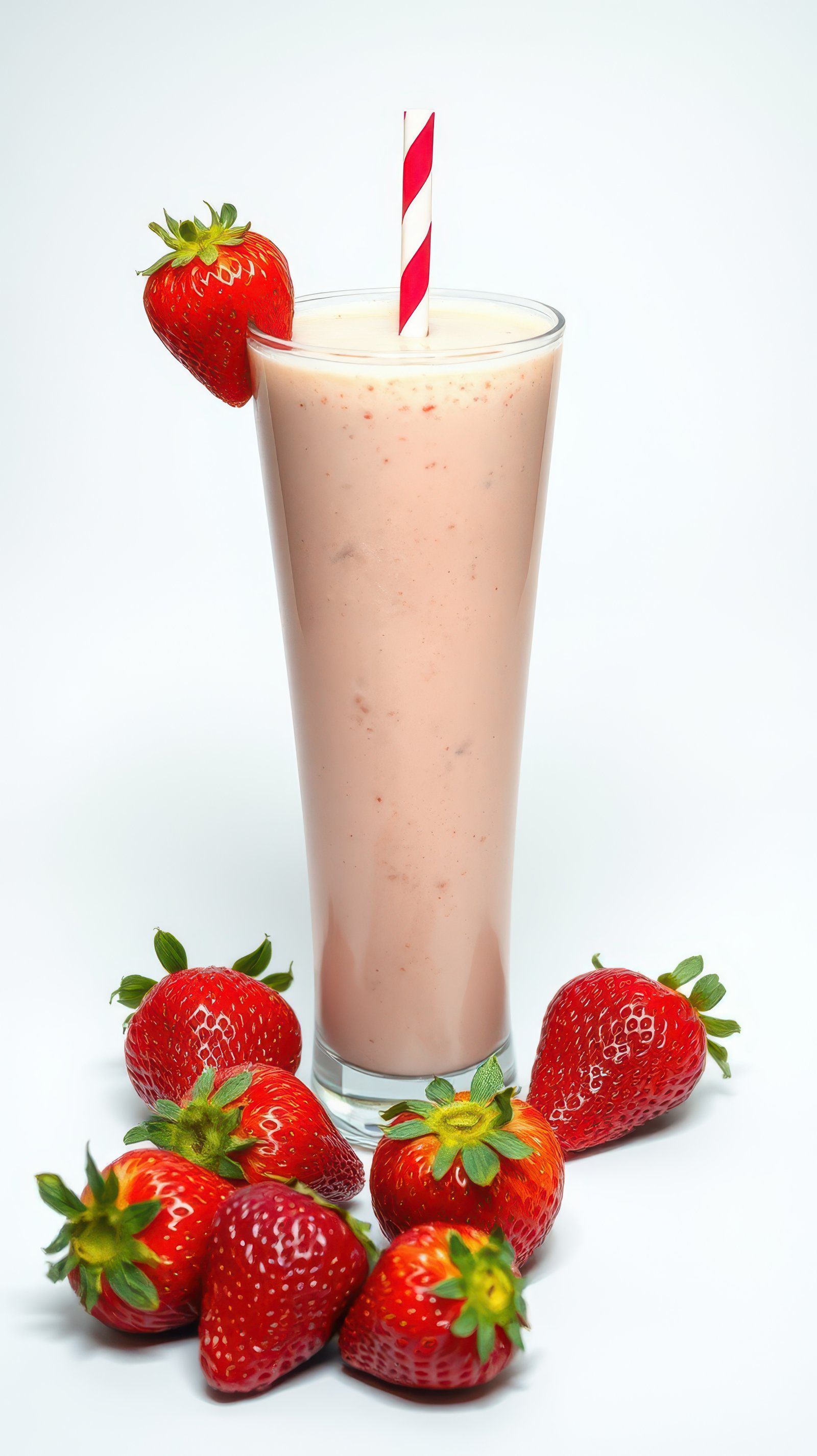 Fresh strawberry smoothie served in a tall glass with a red straw surrounded by ripe strawberries